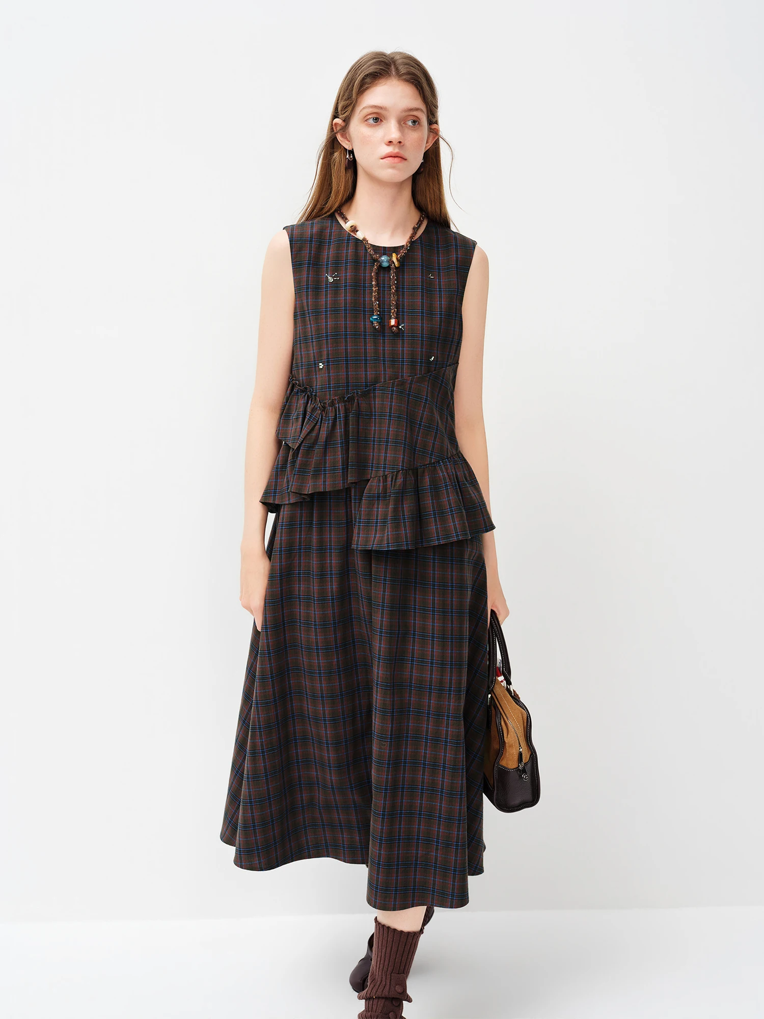 FSLE Asymmetrical Ruffled Plaid Dress New Spring 2026 Style Sleeveless Round Neck Korean Style Dress Sweet Citywalk
