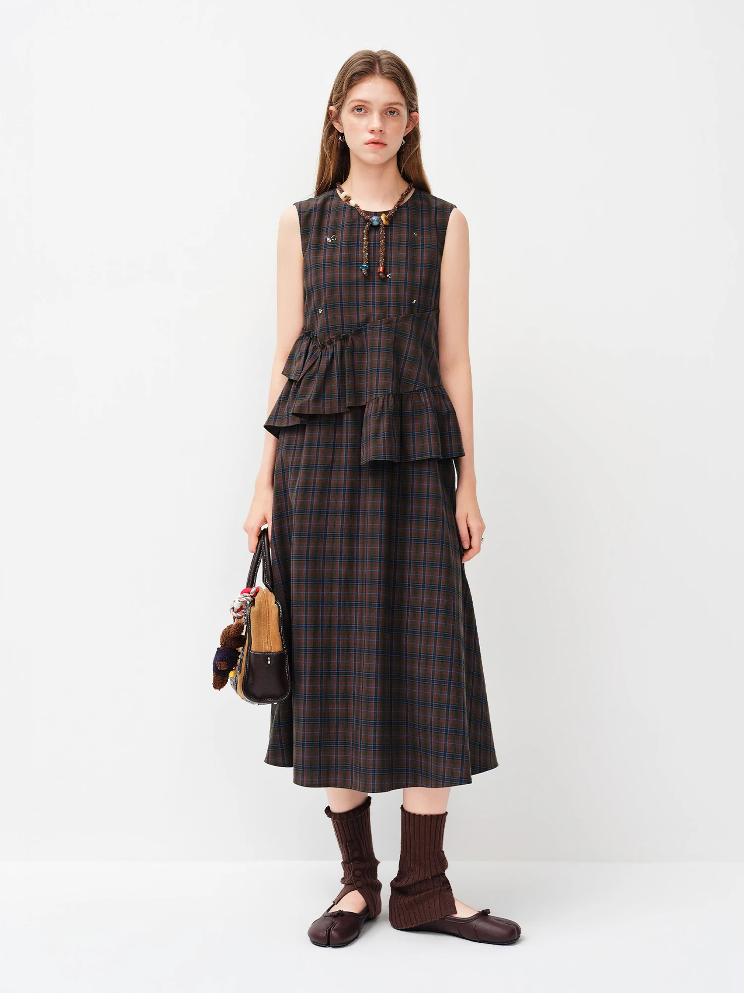 FSLE Asymmetrical Ruffled Plaid Dress New Spring 2026 Style Sleeveless Round Neck Korean Style Dress Sweet Citywalk