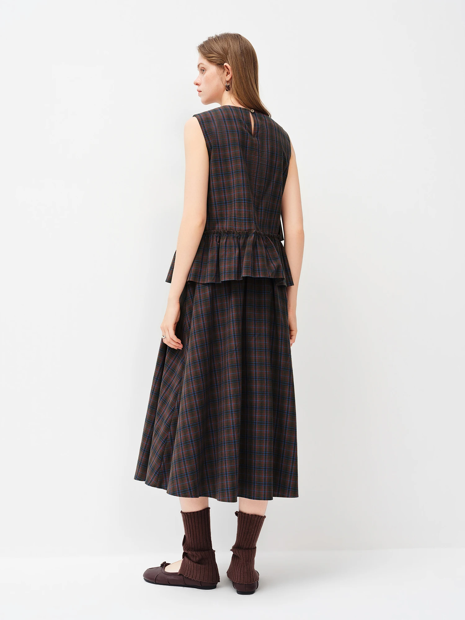 FSLE Asymmetrical Ruffled Plaid Dress New Spring 2026 Style Sleeveless Round Neck Korean Style Dress Sweet Citywalk