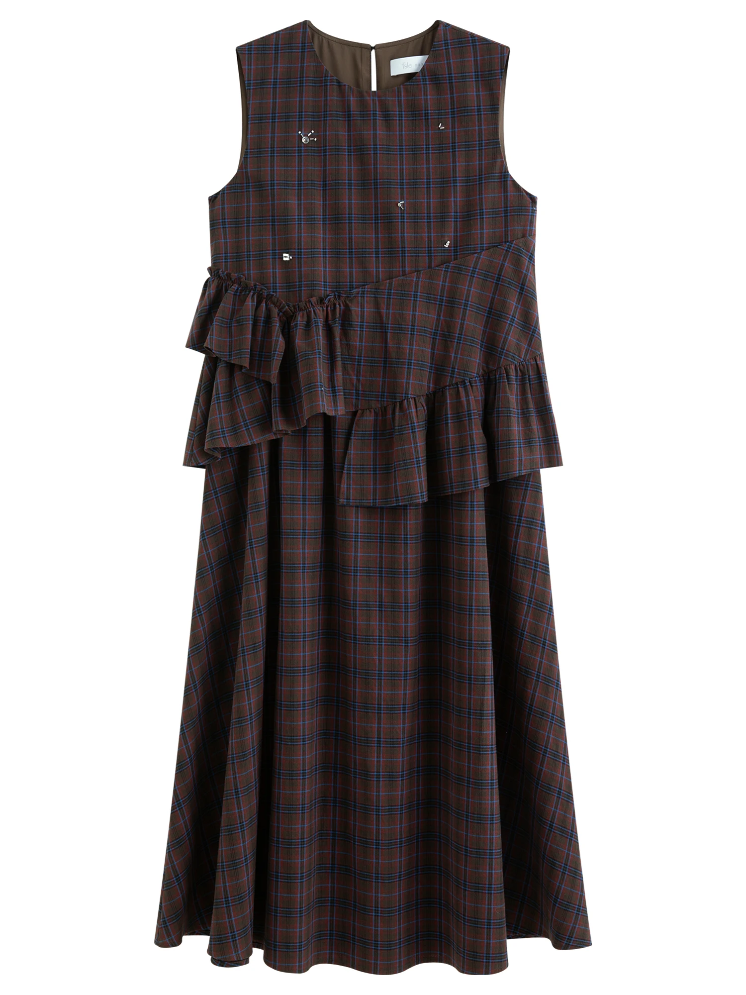 FSLE Asymmetrical Ruffled Plaid Dress New Spring 2026 Style Sleeveless Round Neck Korean Style Dress Sweet Citywalk