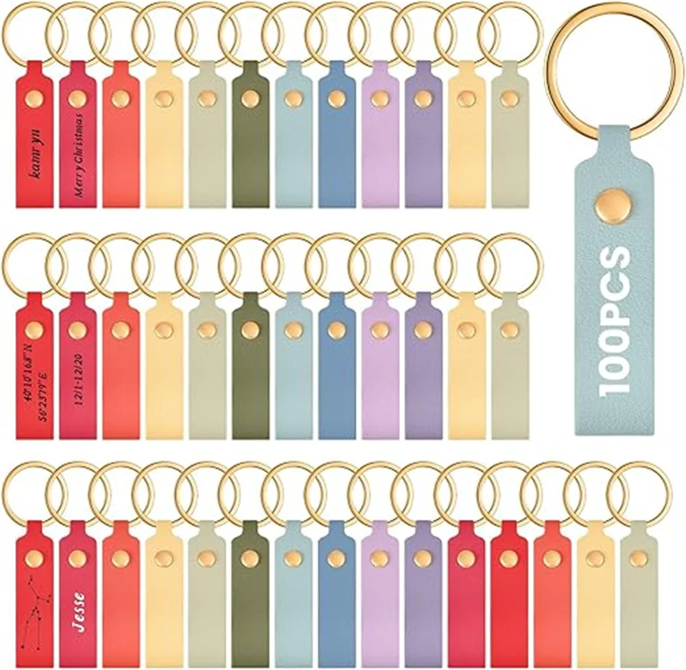 50pcs 100pcs PU Leather Keychain Blanks Bulk Laser Engraving Blanks Keychain Kit with Rings for DIY Key Chains Craft Customized