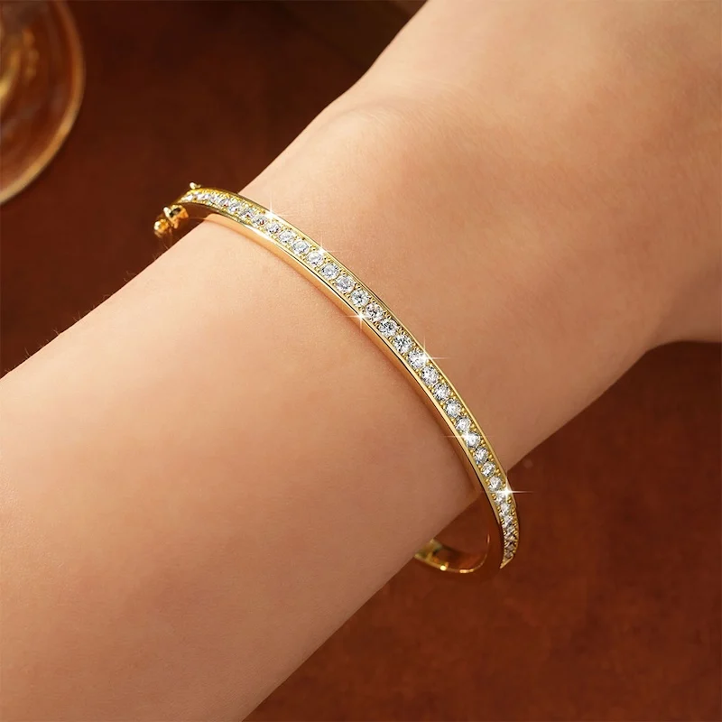 Rrjzz Exquisite Single Row 2.3mm D-Color Full Moissanite Bracelet Channel Set 58MM Inner Diameter Bangle for Women Jewelry Gifts