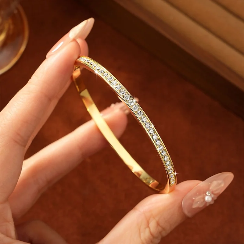 Rrjzz Exquisite Single Row 2.3mm D-Color Full Moissanite Bracelet Channel Set 58MM Inner Diameter Bangle for Women Jewelry Gifts