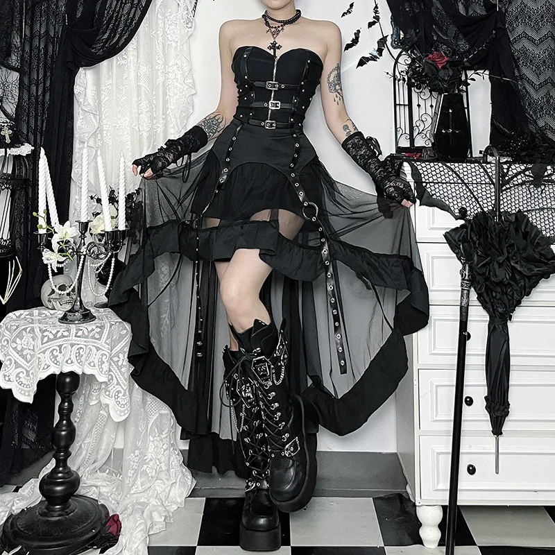 AltGoth Y2k Harajuku Goth Skirt Streetwear Grunge Cyber Punk Eyelet Patchwork High Waist Irregular Skirt Emo Alt Halloween Skirt