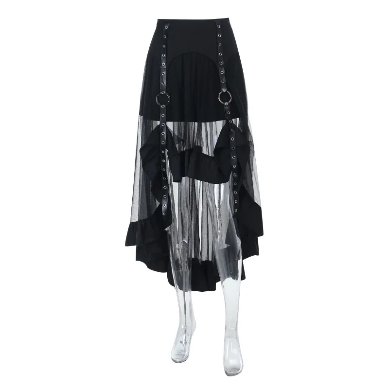 AltGoth Y2k Harajuku Goth Skirt Streetwear Grunge Cyber Punk Eyelet Patchwork High Waist Irregular Skirt Emo Alt Halloween Skirt