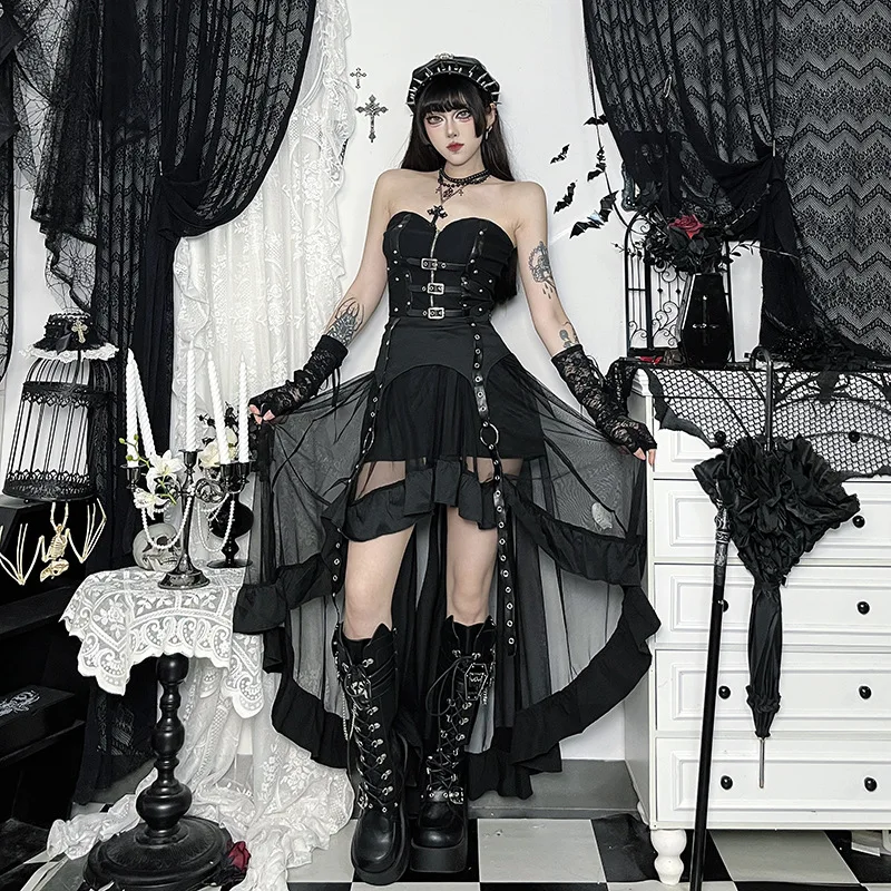 AltGoth Y2k Harajuku Goth Skirt Streetwear Grunge Cyber Punk Eyelet Patchwork High Waist Irregular Skirt Emo Alt Halloween Skirt