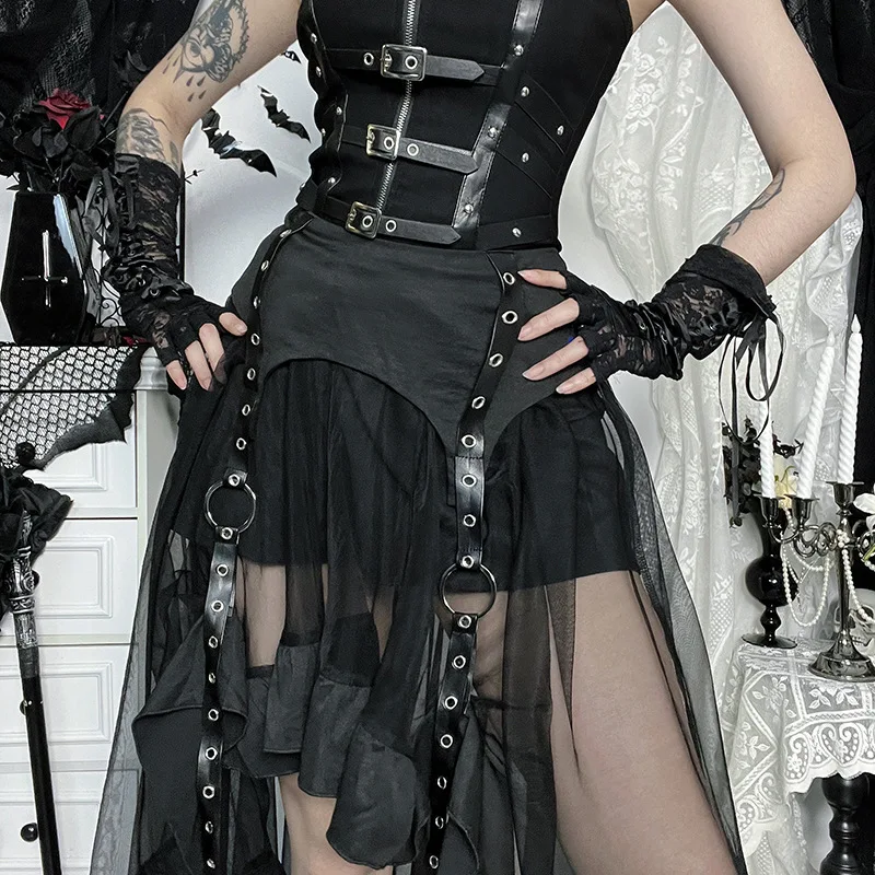AltGoth Y2k Harajuku Goth Skirt Streetwear Grunge Cyber Punk Eyelet Patchwork High Waist Irregular Skirt Emo Alt Halloween Skirt
