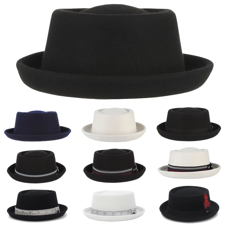 GEMVIE 100% Wool Felt Pork Pie Hat Women Men Porkpie Hat Curved Brim Pork Pie Wool Hat Unisex Autumn Winter Fedora Hat