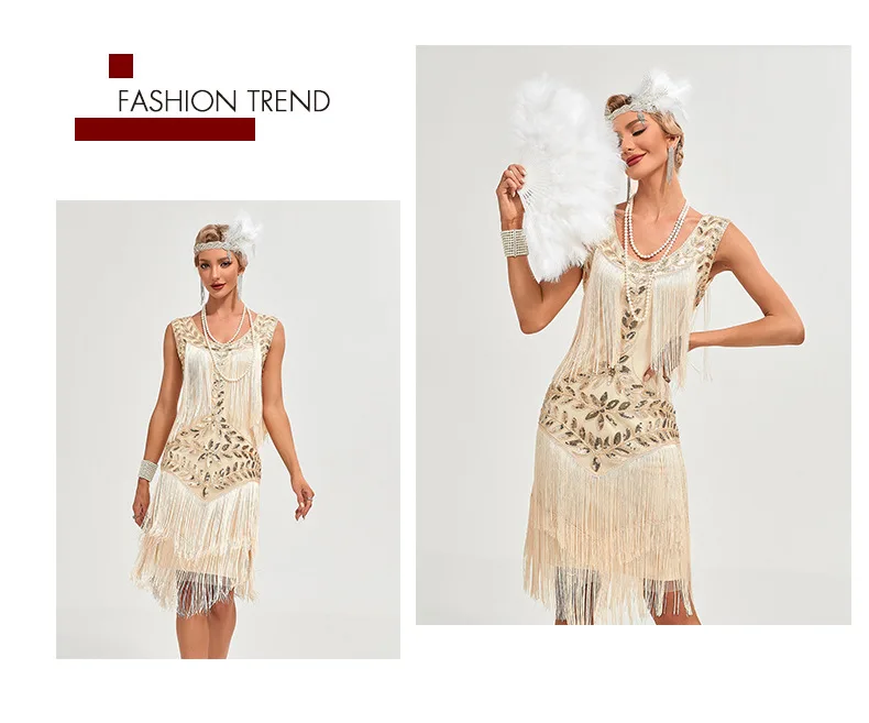 Europe America1920 Retro Gatsby Women's Clothing Dress Dance Dress Round Neck Sequins Beaded Tassel Vest Ball Dress Dance Skirt