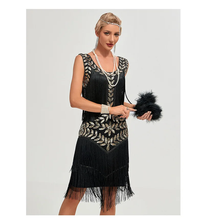 Europe America1920 Retro Gatsby Women's Clothing Dress Dance Dress Round Neck Sequins Beaded Tassel Vest Ball Dress Dance Skirt