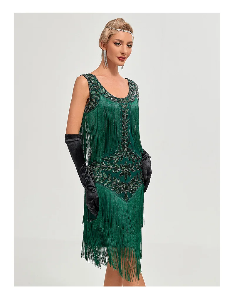Europe America1920 Retro Gatsby Women's Clothing Dress Dance Dress Round Neck Sequins Beaded Tassel Vest Ball Dress Dance Skirt