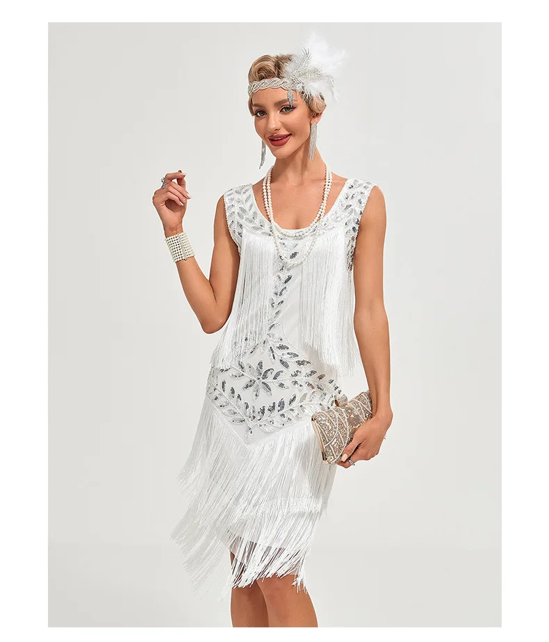 Europe America1920 Retro Gatsby Women's Clothing Dress Dance Dress Round Neck Sequins Beaded Tassel Vest Ball Dress Dance Skirt