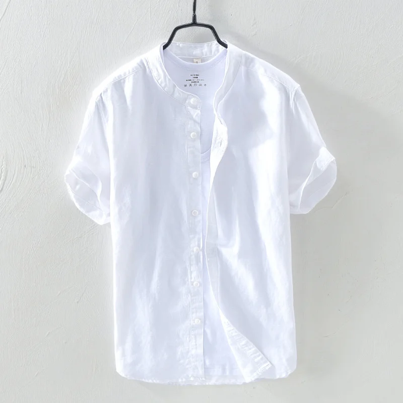 Short-Sleeved Shirt 100% Linen Cool Breathable Comfortable Healthy Material Gradient Blue Hawaiian Beach Men's Cardigan Shirt