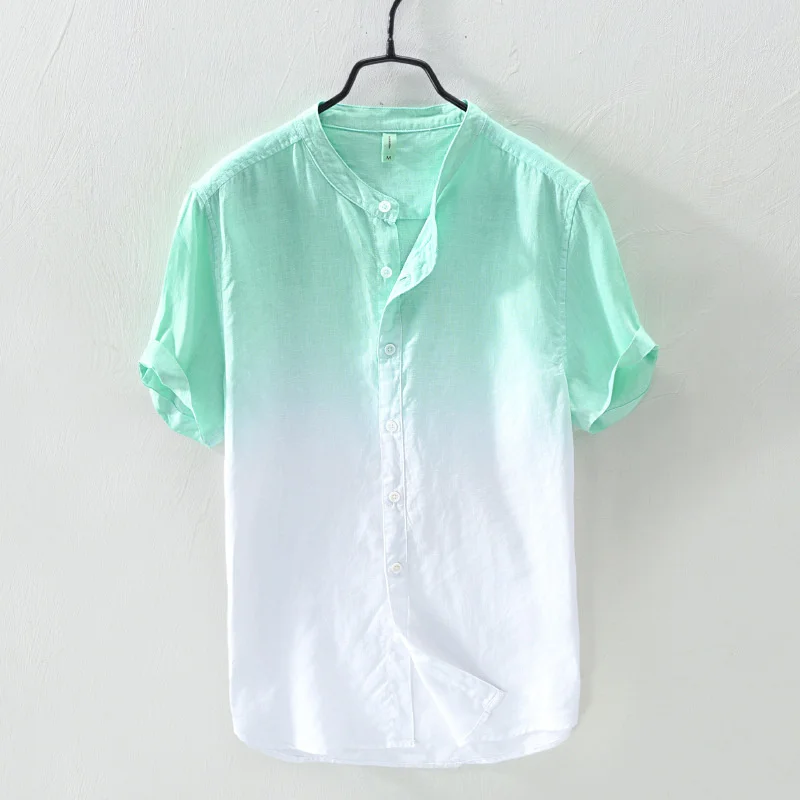 Short-Sleeved Shirt 100% Linen Cool Breathable Comfortable Healthy Material Gradient Blue Hawaiian Beach Men's Cardigan Shirt
