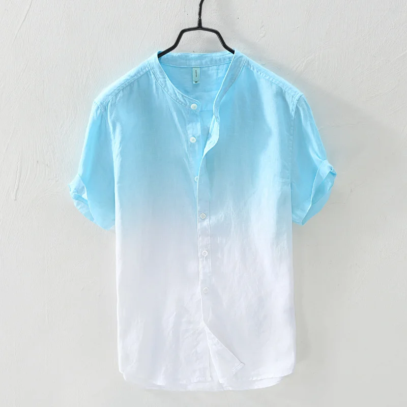 Short-Sleeved Shirt 100% Linen Cool Breathable Comfortable Healthy Material Gradient Blue Hawaiian Beach Men's Cardigan Shirt