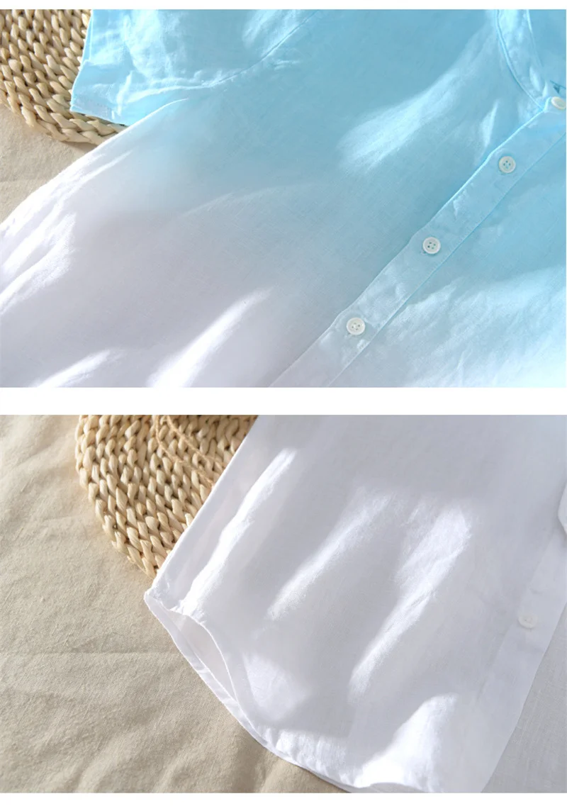 Short-Sleeved Shirt 100% Linen Cool Breathable Comfortable Healthy Material Gradient Blue Hawaiian Beach Men's Cardigan Shirt