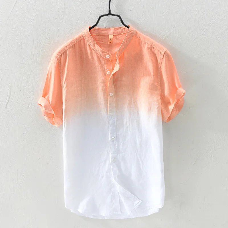 Short-Sleeved Shirt 100% Linen Cool Breathable Comfortable Healthy Material Gradient Blue Hawaiian Beach Men's Cardigan Shirt
