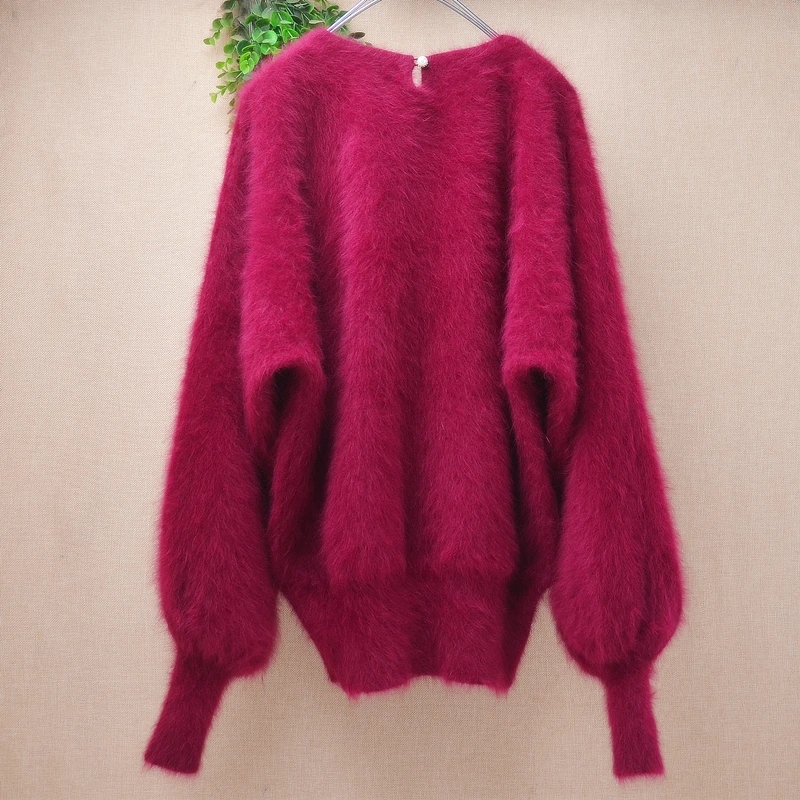 Women Mujer Autumn Winter Clothing Hairy Plush Mink Cashmere Knitted Three Quarter Sleeves O-Neck Loose Pullover Sweater Jumper