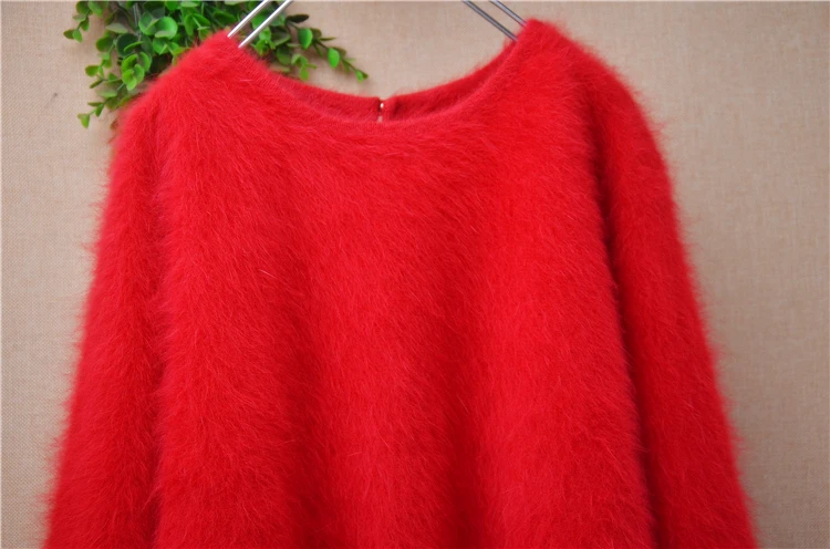 Women Mujer Autumn Winter Clothing Hairy Plush Mink Cashmere Knitted Three Quarter Sleeves O-Neck Loose Pullover Sweater Jumper