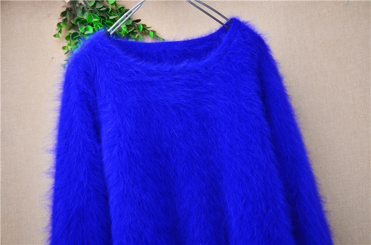 Women Mujer Autumn Winter Clothing Hairy Plush Mink Cashmere Knitted Three Quarter Sleeves O-Neck Loose Pullover Sweater Jumper