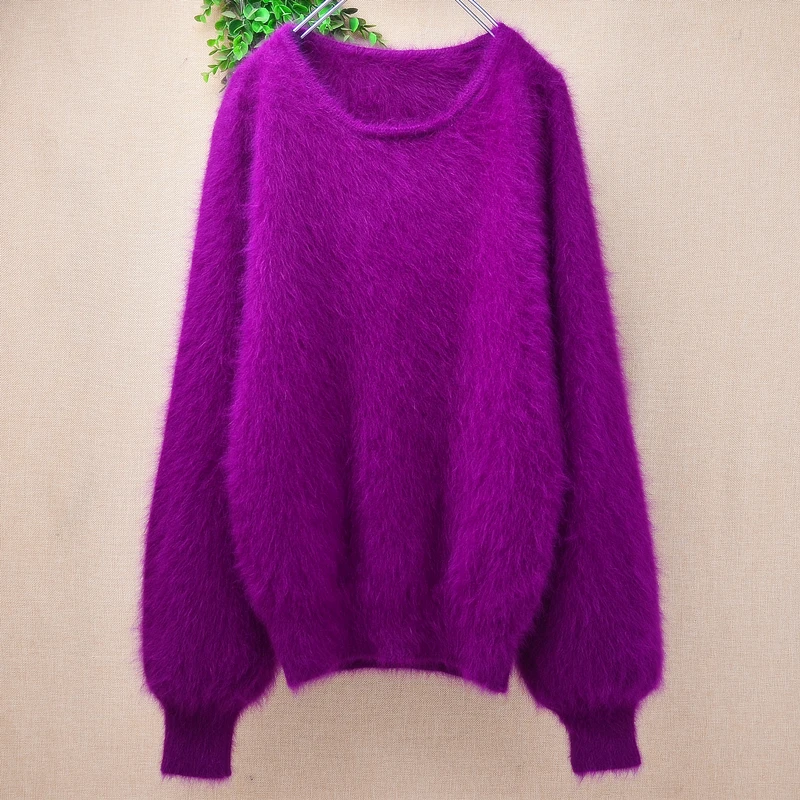 Women Mujer Autumn Winter Clothing Hairy Plush Mink Cashmere Knitted Three Quarter Sleeves O-Neck Loose Pullover Sweater Jumper