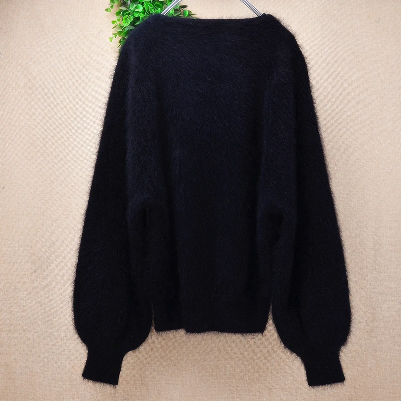 Women Mujer Autumn Winter Clothing Hairy Plush Mink Cashmere Knitted Three Quarter Sleeves O-Neck Loose Pullover Sweater Jumper