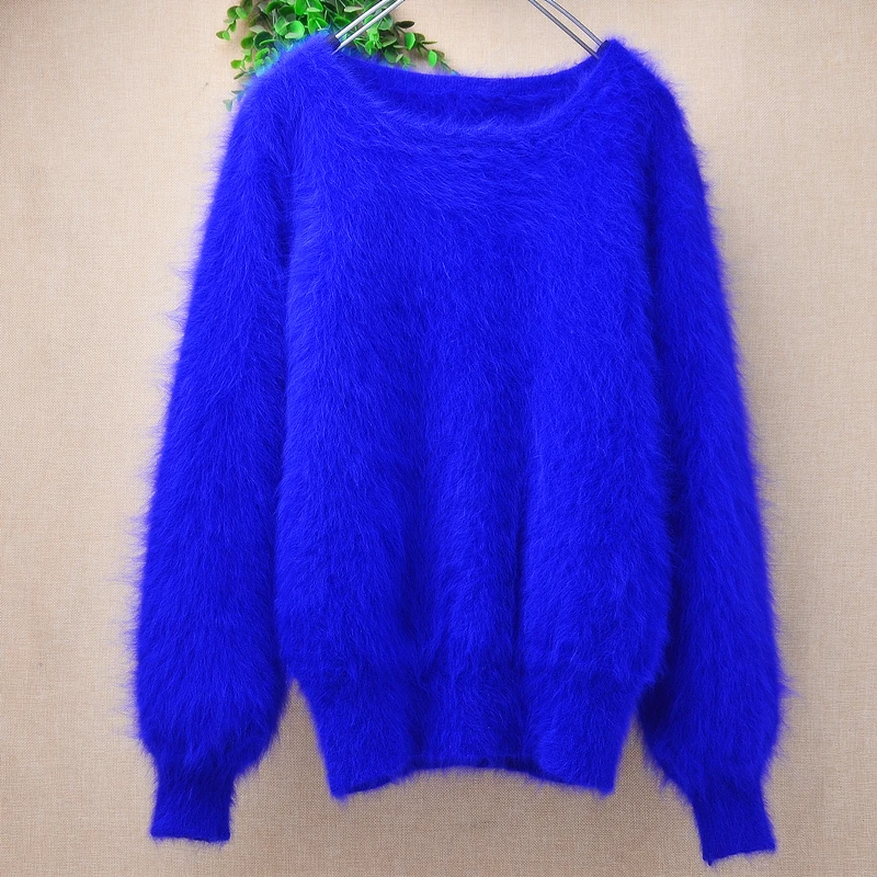 Women Mujer Autumn Winter Clothing Hairy Plush Mink Cashmere Knitted Three Quarter Sleeves O-Neck Loose Pullover Sweater Jumper