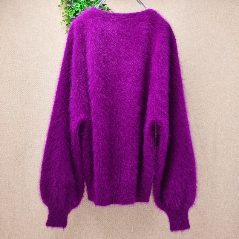 Women Mujer Autumn Winter Clothing Hairy Plush Mink Cashmere Knitted Three Quarter Sleeves O-Neck Loose Pullover Sweater Jumper
