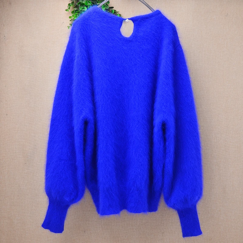 Women Mujer Autumn Winter Clothing Hairy Plush Mink Cashmere Knitted Three Quarter Sleeves O-Neck Loose Pullover Sweater Jumper