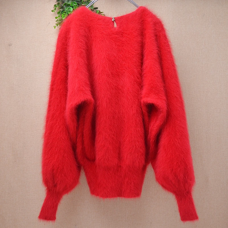 Women Mujer Autumn Winter Clothing Hairy Plush Mink Cashmere Knitted Three Quarter Sleeves O-Neck Loose Pullover Sweater Jumper