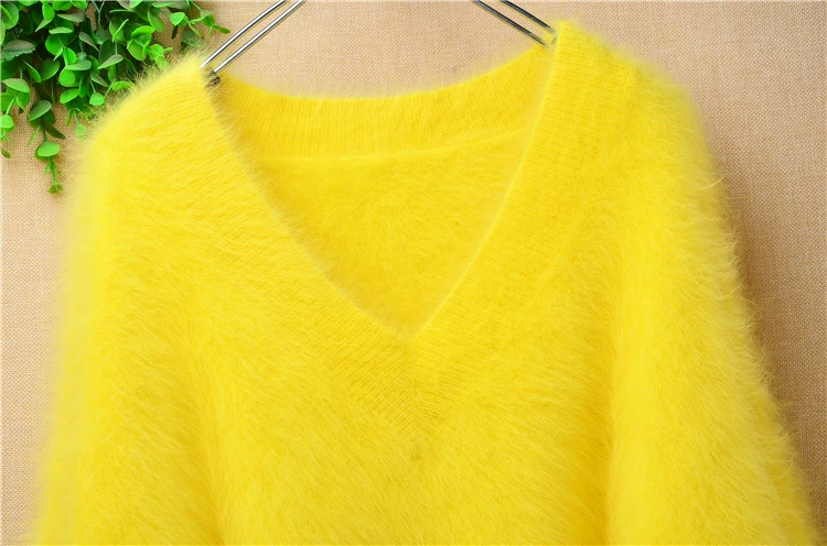 Women Mujer Autumn Winter Clothing Hairy Plush Mink Cashmere Knitted Three Quarter Sleeves O-Neck Loose Pullover Sweater Jumper