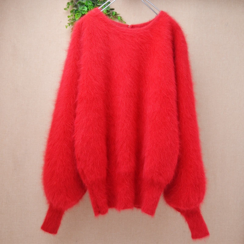 Women Mujer Autumn Winter Clothing Hairy Plush Mink Cashmere Knitted Three Quarter Sleeves O-Neck Loose Pullover Sweater Jumper