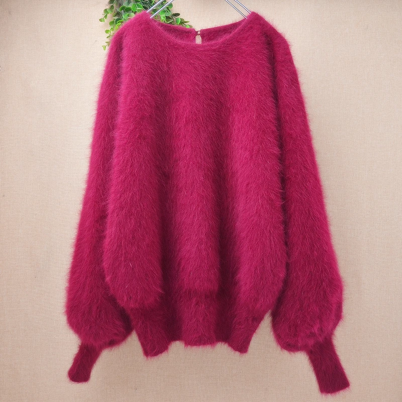 Women Mujer Autumn Winter Clothing Hairy Plush Mink Cashmere Knitted Three Quarter Sleeves O-Neck Loose Pullover Sweater Jumper