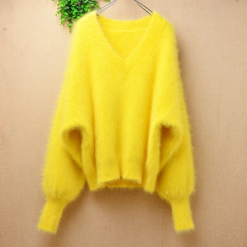 Women Mujer Autumn Winter Clothing Hairy Plush Mink Cashmere Knitted Three Quarter Sleeves O-Neck Loose Pullover Sweater Jumper