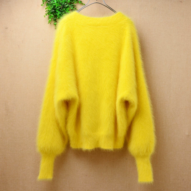 Women Mujer Autumn Winter Clothing Hairy Plush Mink Cashmere Knitted Three Quarter Sleeves O-Neck Loose Pullover Sweater Jumper