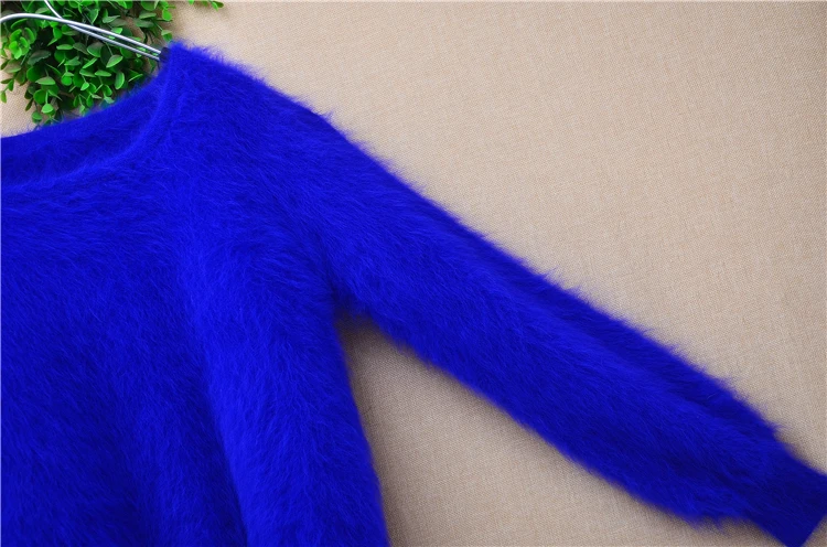 Women Mujer Autumn Winter Clothing Hairy Plush Mink Cashmere Knitted Three Quarter Sleeves O-Neck Loose Pullover Sweater Jumper