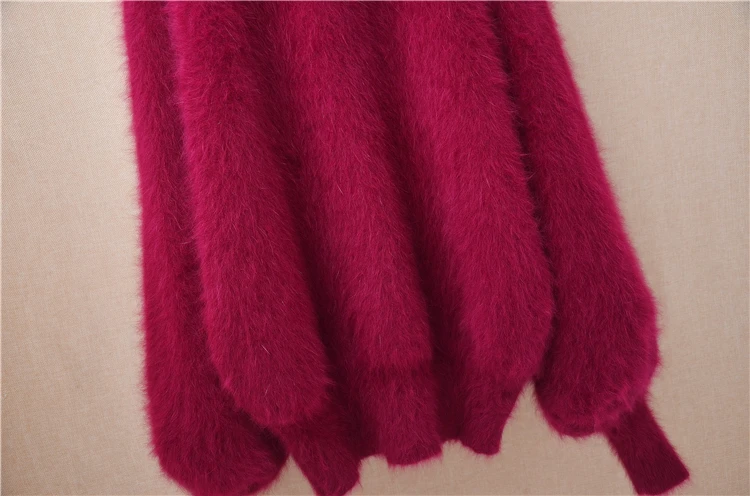 Women Mujer Autumn Winter Clothing Hairy Plush Mink Cashmere Knitted Three Quarter Sleeves O-Neck Loose Pullover Sweater Jumper