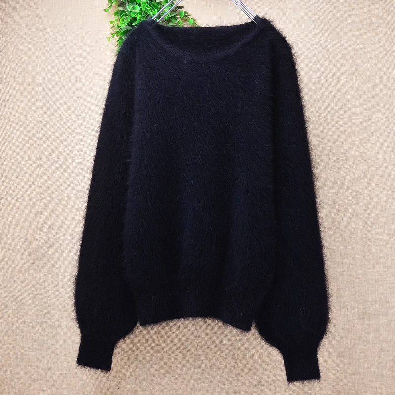 Women Mujer Autumn Winter Clothing Hairy Plush Mink Cashmere Knitted Three Quarter Sleeves O-Neck Loose Pullover Sweater Jumper