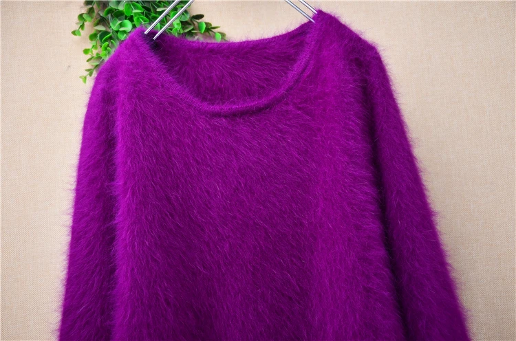 Women Mujer Autumn Winter Clothing Hairy Plush Mink Cashmere Knitted Three Quarter Sleeves O-Neck Loose Pullover Sweater Jumper