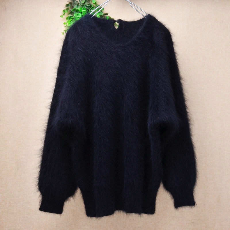 Women Mujer Autumn Winter Clothing Hairy Plush Mink Cashmere Knitted Three Quarter Sleeves O-Neck Loose Pullover Sweater Jumper