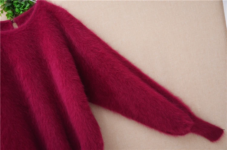 Women Mujer Autumn Winter Clothing Hairy Plush Mink Cashmere Knitted Three Quarter Sleeves O-Neck Loose Pullover Sweater Jumper