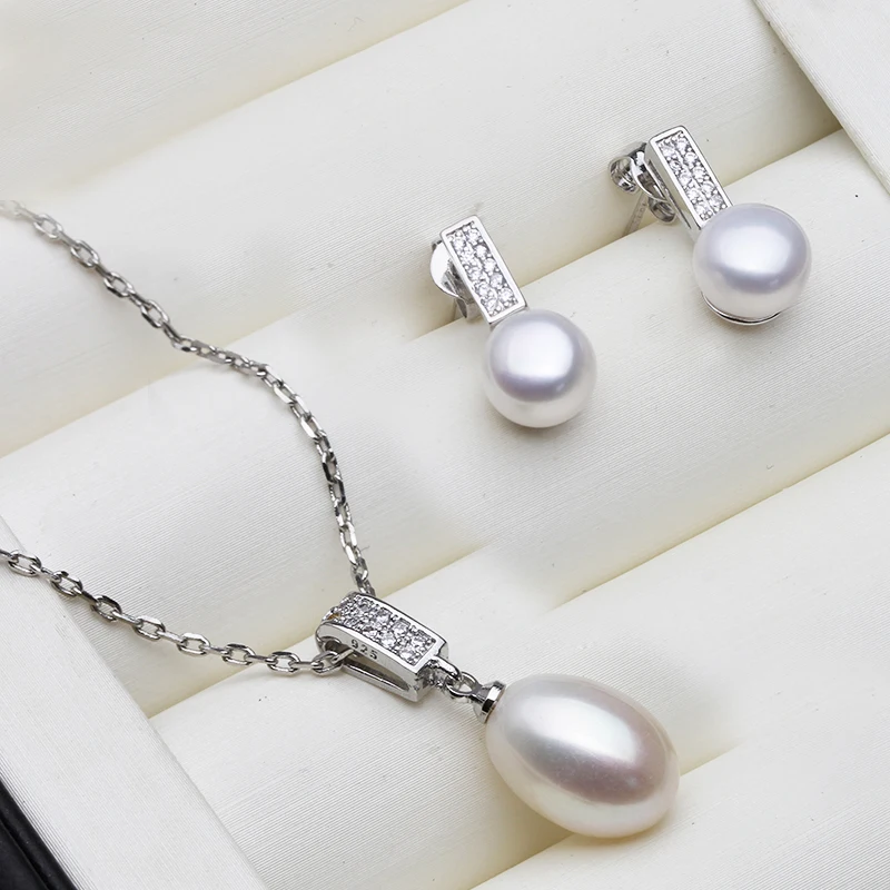 Real Natural Freshwater Pearl Necklace and Earrings Set Woman,Trendy 925 Silver Pearl Jewelry Set Mother's Day Gift White