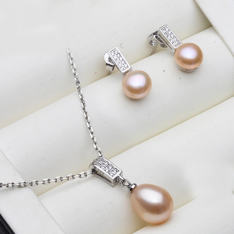 Real Natural Freshwater Pearl Necklace and Earrings Set Woman,Trendy 925 Silver Pearl Jewelry Set Mother's Day Gift White
