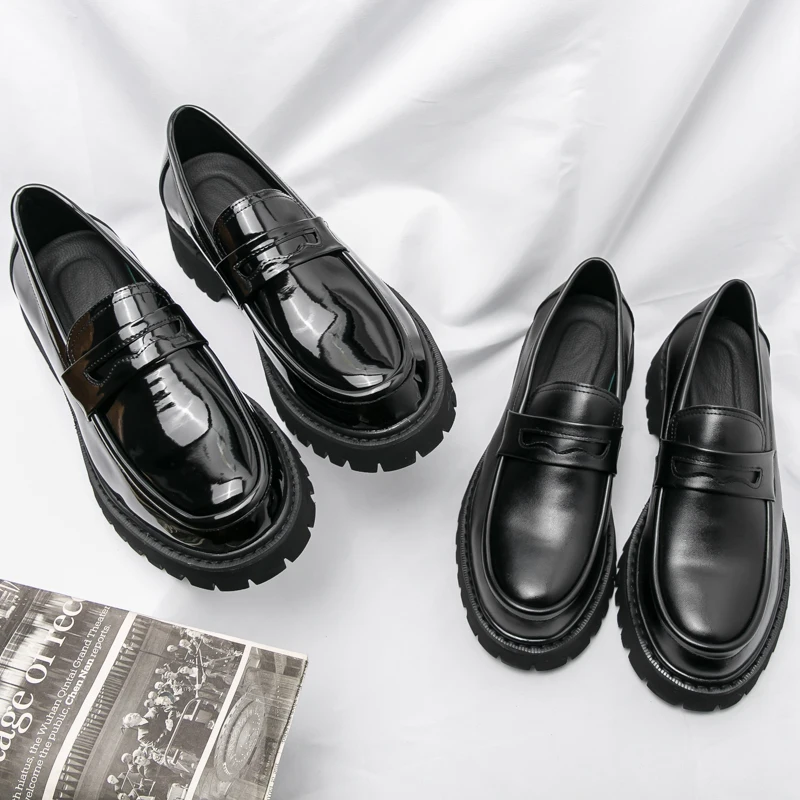 New Platform Shoes Loafers Shoes Men Thick-soled Wedding Shoes Black Formal Business Shoes Slip-on Leather Increase Casual Shoes