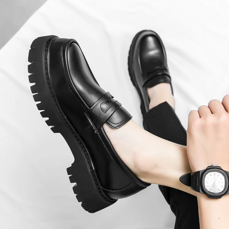 New Platform Shoes Loafers Shoes Men Thick-soled Wedding Shoes Black Formal Business Shoes Slip-on Leather Increase Casual Shoes