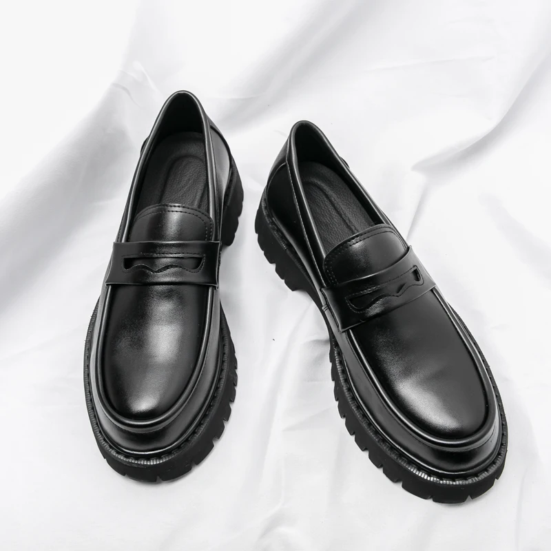 New Platform Shoes Loafers Shoes Men Thick-soled Wedding Shoes Black Formal Business Shoes Slip-on Leather Increase Casual Shoes
