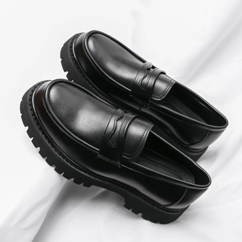 New Platform Shoes Loafers Shoes Men Thick-soled Wedding Shoes Black Formal Business Shoes Slip-on Leather Increase Casual Shoes