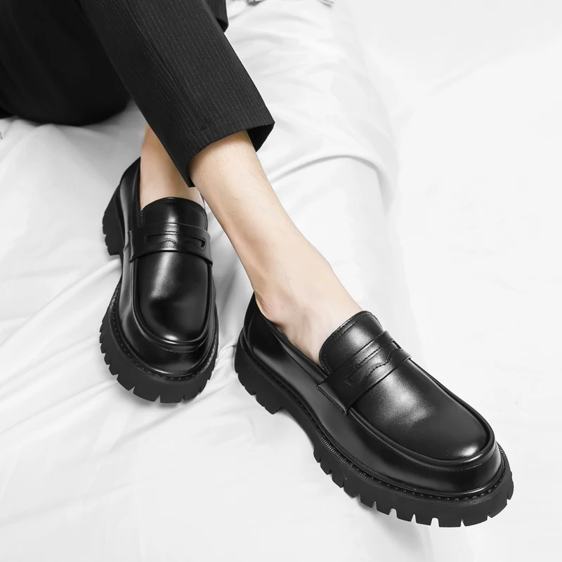 New Platform Shoes Loafers Shoes Men Thick-soled Wedding Shoes Black Formal Business Shoes Slip-on Leather Increase Casual Shoes