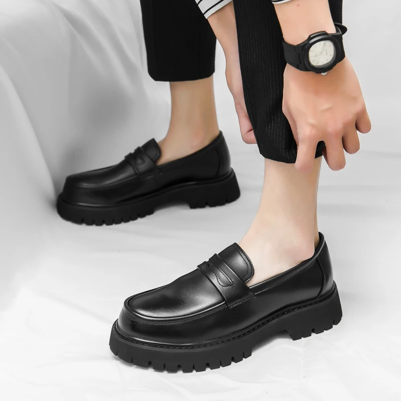 New Platform Shoes Loafers Shoes Men Thick-soled Wedding Shoes Black Formal Business Shoes Slip-on Leather Increase Casual Shoes