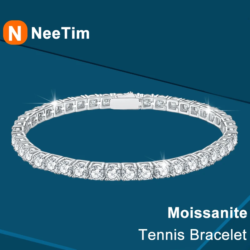 NeeTim 3mm 4mm 5mm 6.5mm Moissanite Tennis Bracelet Original S925 Sterling Silver Sparkling Bracelets for Women Men Hand Chains